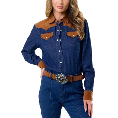 Saints & Hearts Corduroy And Denim Western Shirt In Dark Wash/camel In Blue