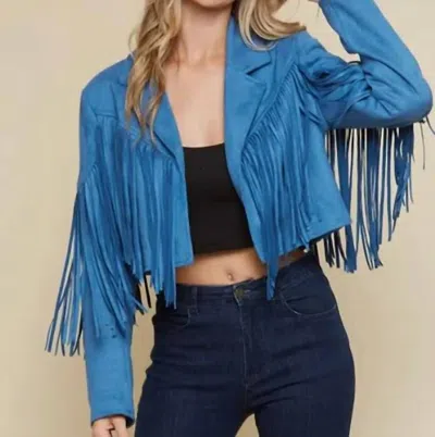 Saints & Hearts Dutton Suede Fringe Motto Jackets In Cobalt Blue