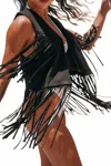 Saints & Hearts Falling Fringe Vest In Black In Animal Print