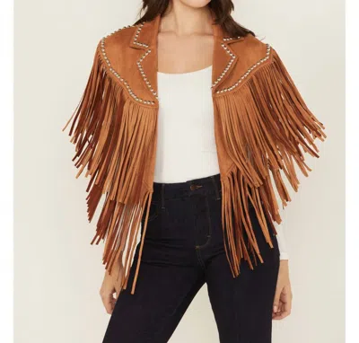 Saints & Hearts Faux Suede Studded Cape In Camel