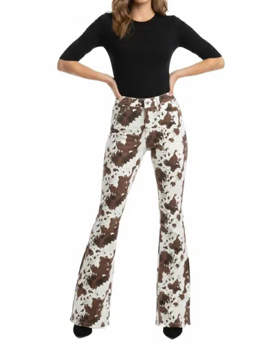 Saints & Hearts Flare Denim Pants In Ivory/brown - Cow Print In White