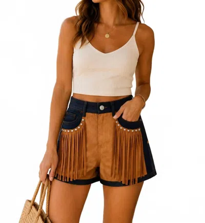 Saints & Hearts Fringe And Stud Detail Shorts In Dark Denim In Animal Print