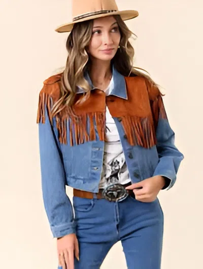 Saints & Hearts Fringe Denim Jacket In Blue/ Brown