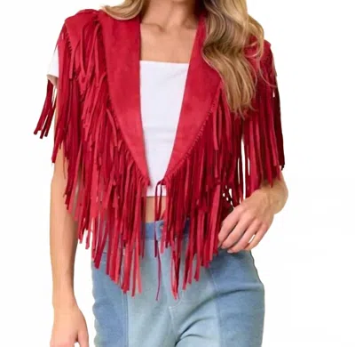 Saints & Hearts Fringe Suede Collar Shrug In Red