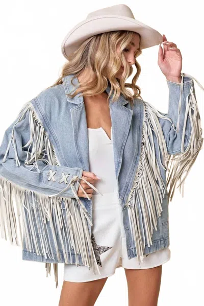 Saints & Hearts Fringed Out Denim Jacket In Light Wash In Multi
