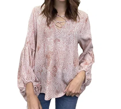 Saints & Hearts Keep Pushing Self-tie V-neck Long Puff Sleeve Top In Brown/ivory In Multi