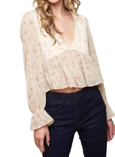 Saints & Hearts Long Sleeve V Neck Floral Top In Beige