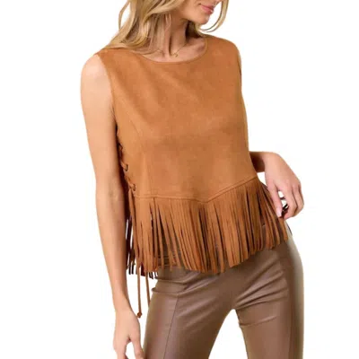 Saints & Hearts Side Lace Up Fringed Top In Camel