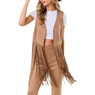 Saints & Hearts Studded Long Fringe Faux Vest In Tan