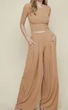 Saints & Hearts The Heather Set: Quarter Sleeve Ribbed Wide Leg Pant Set In Tan