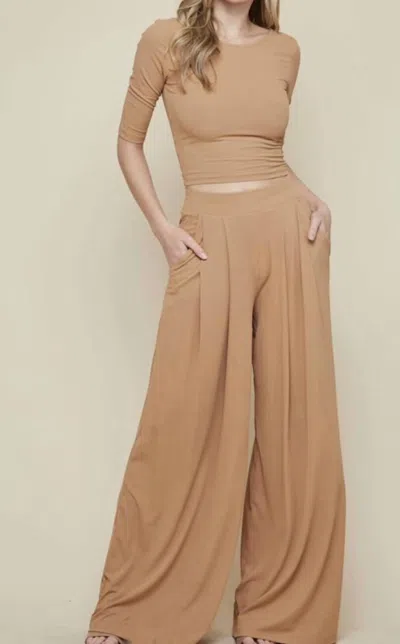 Saints & Hearts The Heather Set: Quarter Sleeve Ribbed Wide Leg Pant Set In Tan