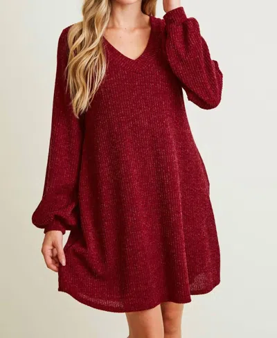 Saints & Hearts V-neck Rib Sweater Dress In Wine