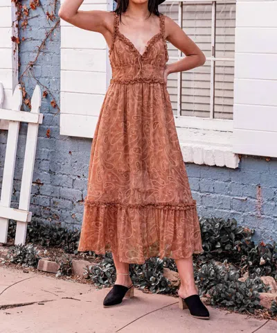 Saints + Secrets Good Karma Printed Chiffon Midi Dress In Tan In Multi