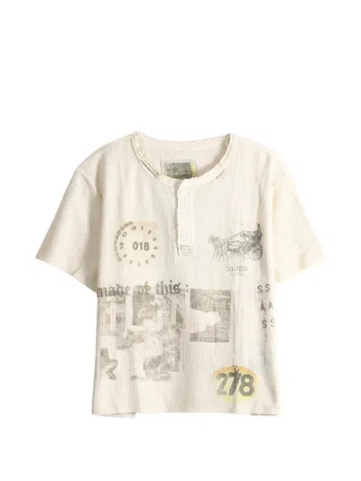 Saitos Graphic-print Waffle-knit Henley T-shirt In Neutral