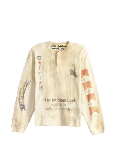 Saitos Graphic-print Waffle-knit Henley T-shirt In Neutral