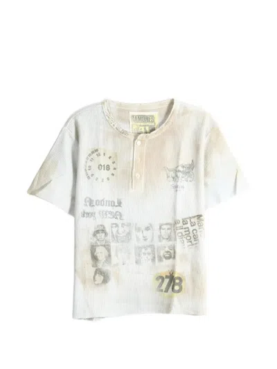 Saitos Graphic-print Waffle-knit Henley T-shirt In White