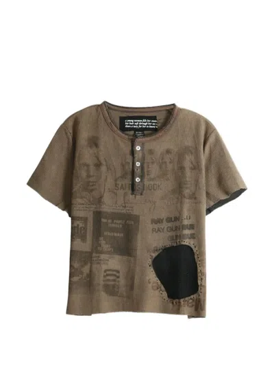 Saitos Mesh-panel Henley T-shirt In Brown