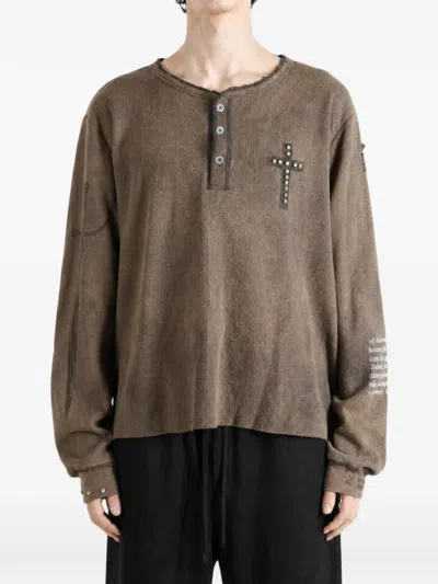 Saitos Public Image Distressed Long-sleeve Henley T-shirt In Brown