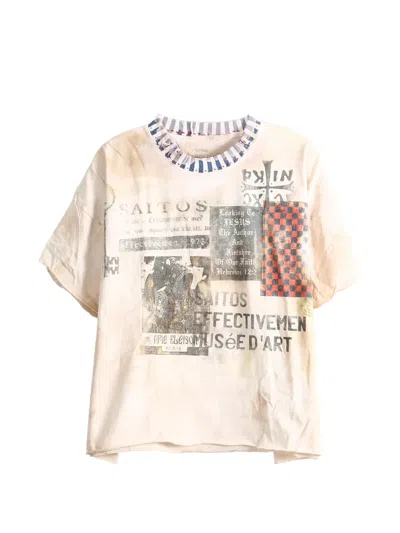 Saitos Striped-neck Graphic-print T-shirt In Neutral