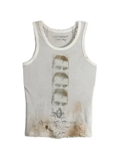 Saitos Triple Ghost Distressed Striped Tank In Gray
