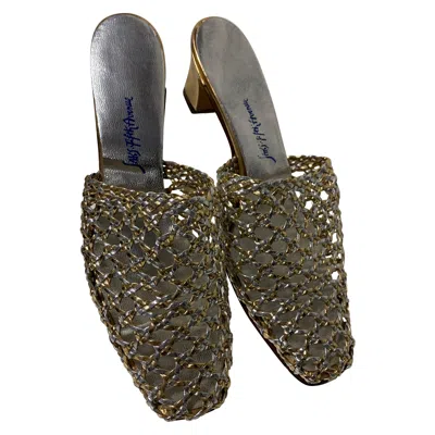 Pre-owned Saks Fifth Avenue 1960  Silver & Gold Basket Weave Mod Slide Shoe Size 7.5m In Black