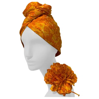 Pre-owned Saks Fifth Avenue 1960 Saks Silk Orange & Yellow Floral Print Turban W/ Twisted Knot & Corsage