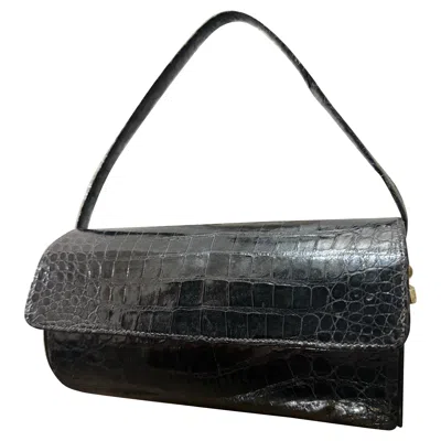 Pre-owned Saks Fifth Avenue 1960s  Black Alligator Barrel Handbag W Top Handle