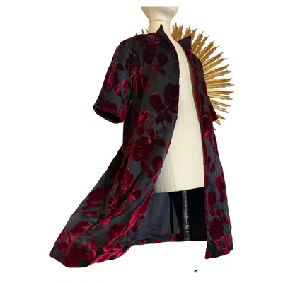 Pre-owned Saks Fifth Avenue 1960s  Black & Red Velvet Devore Rose Cocktail Coat