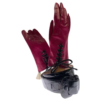 Pre-owned Saks Fifth Avenue 1980s Burgundy Lace-up Leather Gloves & Genuine Caiman Crocodile Belt Set In Red