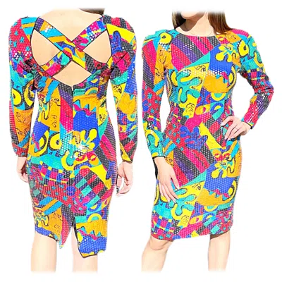 Pre-owned Saks Fifth Avenue 1980s Saks 5th Avenue Size 6 /8 Fully Sequined Colorful Graffiti Print 80s Dress In Sand