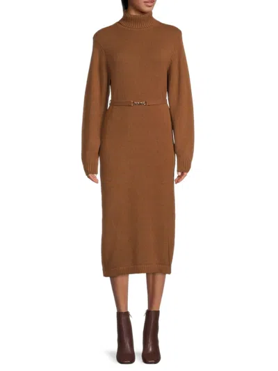 Saks Fifth Avenue Belted Turtleneck Sweater Dress In Brown