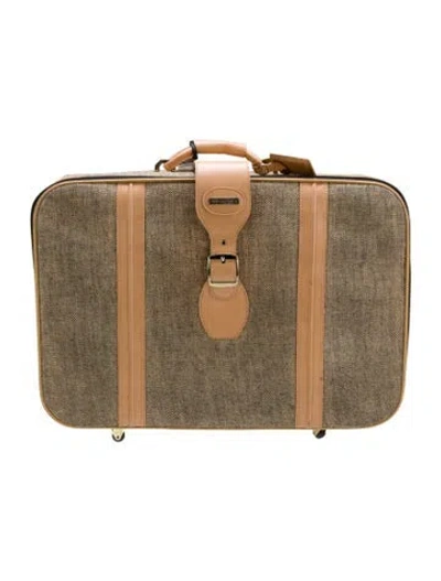 Pre-owned Saks Fifth Avenue Casual Canvas Leather Trimmed Wheeled Suitcase In Neutral