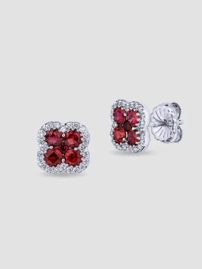 Saks Fifth Avenue Diamonds Women's 18k White Gold, Ruby & 0.24 Tcw Diamond Clover Stud Earrings In Red