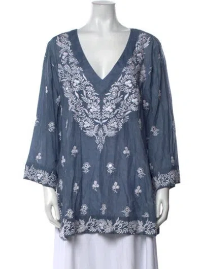 Pre-owned Saks Fifth Avenue Floral Print V-neck Tunic In Blue