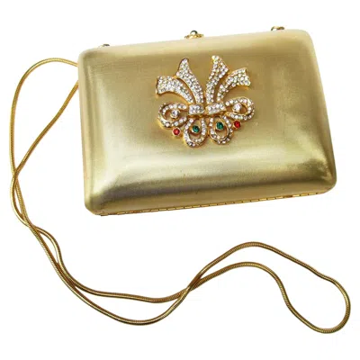 Pre-owned Saks Fifth Avenue Italian Gilt Metal Crystal Medallion Minaudiere C 1980s In Sand