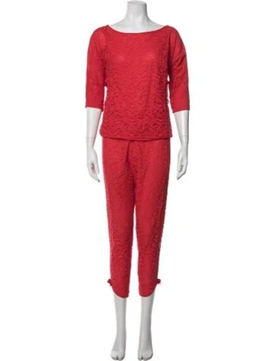 Pre-owned Saks Fifth Avenue Lace Pattern Embroidered Accent Pant Set In Red