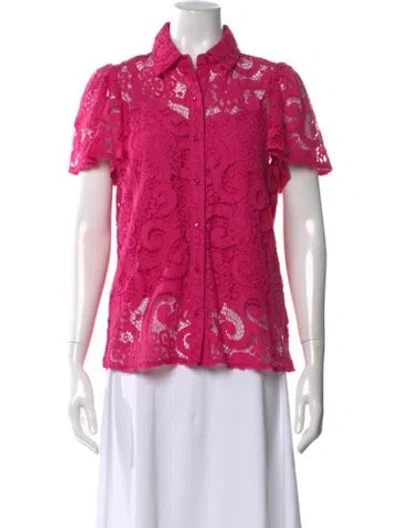 Pre-owned Saks Fifth Avenue Lace Pattern Short Sleeve Blouse In Pink
