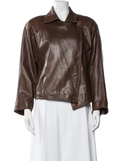 Pre-owned Saks Fifth Avenue Leather Biker Jacket In Brown