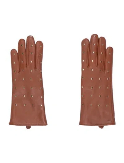 Pre-owned Saks Fifth Avenue Leather Studded Gloves In Brown