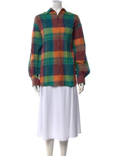 Pre-owned Saks Fifth Avenue Linen Plaid Print Button-up Top In Multicolor