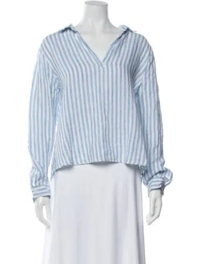 Pre-owned Saks Fifth Avenue Linen Striped Blouse In Blue