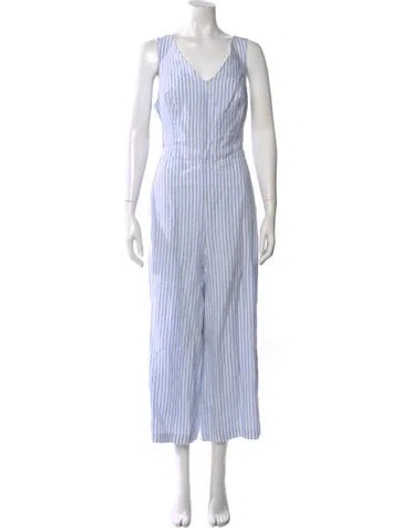 Pre-owned Saks Fifth Avenue Linen Striped Jumpsuit In Blue
