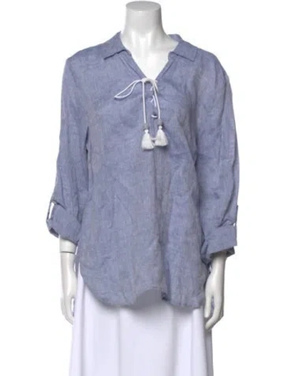 Pre-owned Saks Fifth Avenue Linen V-neck Blouse W/ Tags In Blue