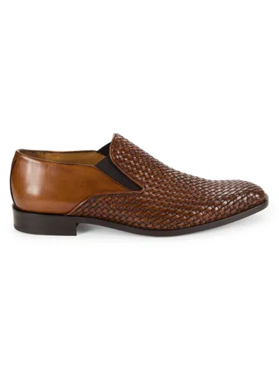 Saks Fifth Avenue Made In Italy Men's Basket Weave Leather Slip On Shoes In Cognac