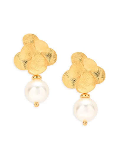 Saks Fifth Avenue Made In Italy Women's 18k Goldplated Sterling Silver & 8mm Freshwater Pearl Floral Drop Earrings