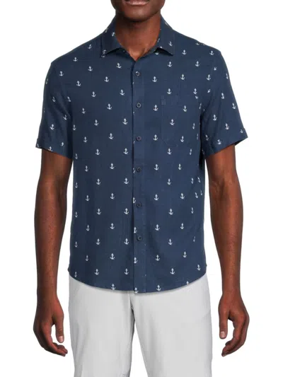 Saks Fifth Avenue Men's Linen Blend Anchor Print Button Down Shirt In Navy