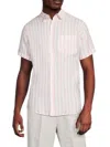 Saks Fifth Avenue Men's Linen Blend Cabana Stripe Short Sleeve Shirt In Pink Cross