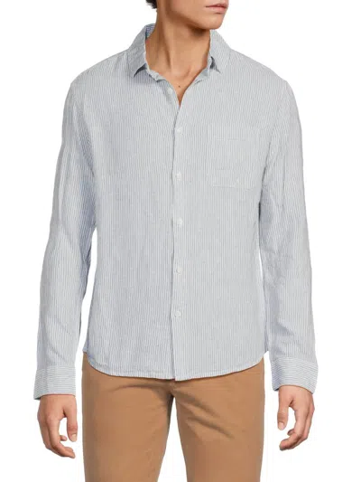 Saks Fifth Avenue Men's Linen Blend Microstripe Long Sleeve Sportshirt In Silver
