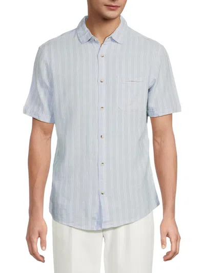 Saks Fifth Avenue Men's Linen Blend Short-sleeve Double-stripe Sport Shirt In Blue