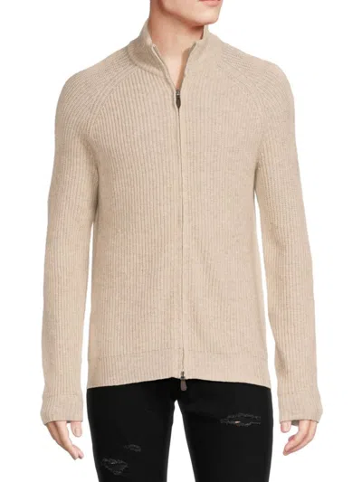 Saks Fifth Avenue Men's Merino Wool Blend Shaker Full Zip Sweater In White Pepper